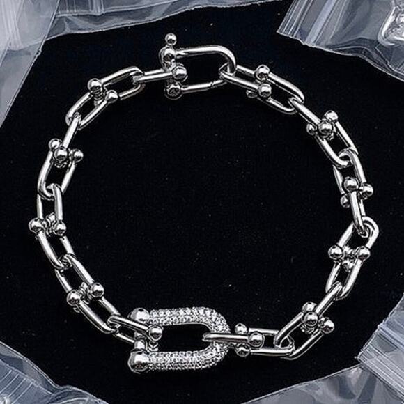 Sterling Silver U Link Zircon Bracelet Unisex Horse Shoe - Picture 1 of 6